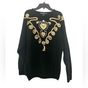 New Vintage Work in Progress Silk Angora Sweater Embelished Black Gold Large